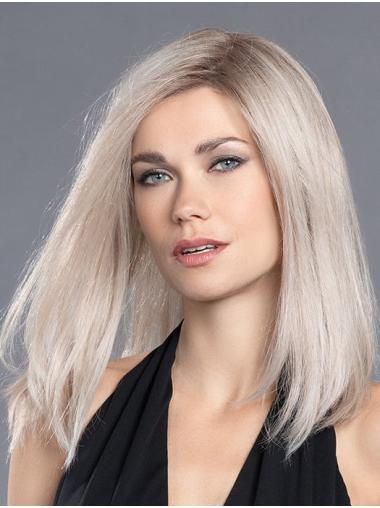 Preiswerte Echthaar Monofilament Perücke Platinblond Schulterlang