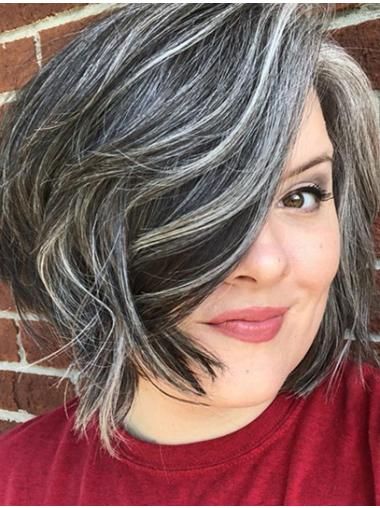 10 Zoll Graue Remy Echthaar Bob Perücke Kinnlang und Gewellt