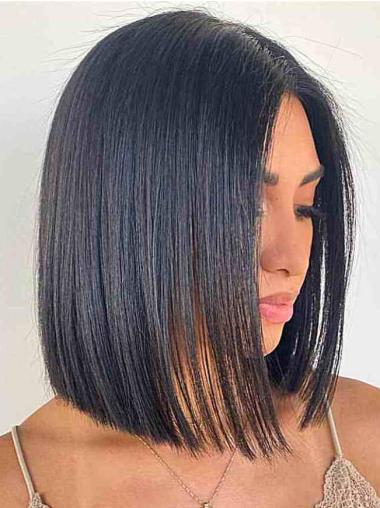 12 Zoll Schulterlange Schwarze Perücke aus Synthetikhaar Ohne Pony