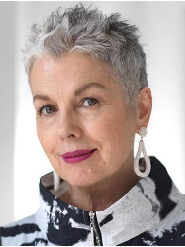 Graue Glatte Boycut Perücke aus Echthaar Kurzer Cropped Stil