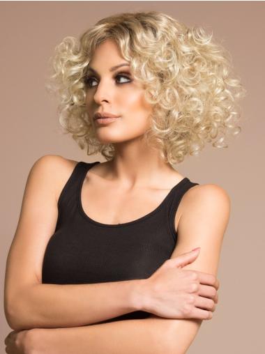 Blonde Lockige Synthetik Perücke für Damen Mittellang Voluminöser Stil