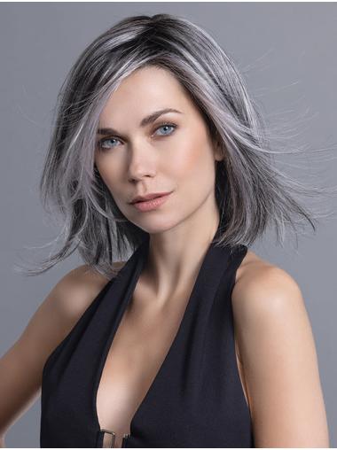 Graue Glatte Bob Perücke Schulterlang Monofilament Stil