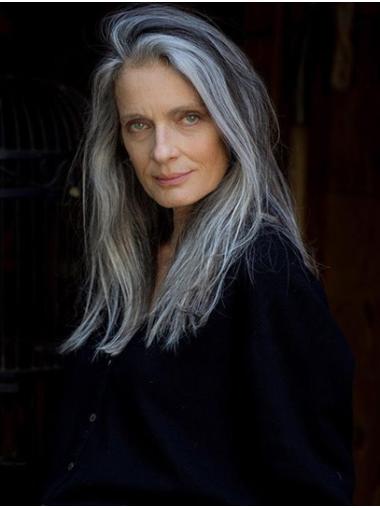 Graue Lace Front Perücke 16" Glattes Echthaar ohne Pony