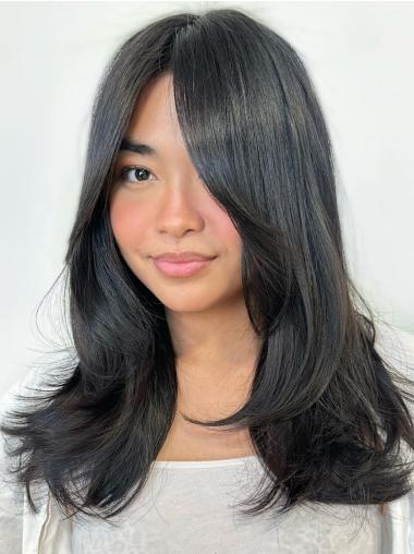 Schwarze Remy Echthaarperücke Glatt Ohne Pony