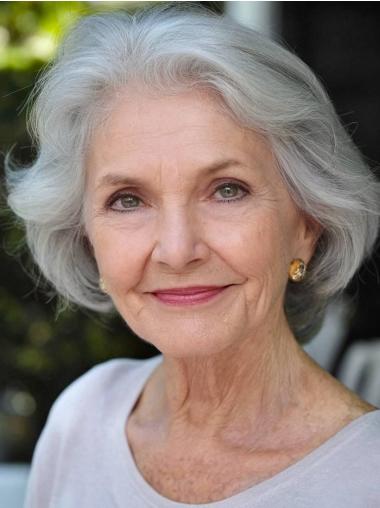 Kinnlange Graue Echthaarperücken 10 Zoll Gewellt Ohne Tressen-Kappe