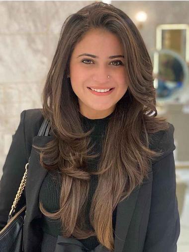 Lange Braune Glatte Perücke Synthetikperücke für Damen