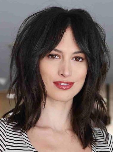 Glatte Schwarze Lace Perücke Gestufter Schulterlanger Stil