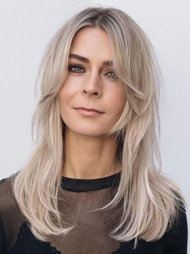 Lange 16 Zoll Platinblonde Perücke Glattes Gestuftes Echthaar