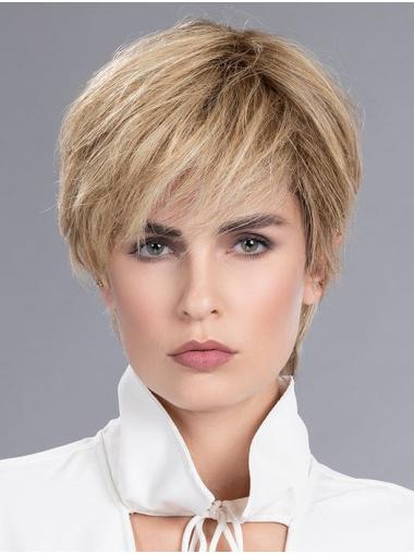 Kurze 8 Zoll Blonde Echthaar Perücke Glatter Boycut