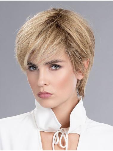 Kurze 8 Zoll Blonde Echthaar Perücke Glatter Boycut