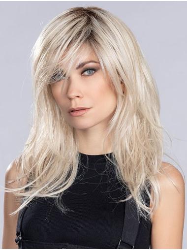Lange Glatte Blonde Synthetische Lace-Front Perücke Mit Pony