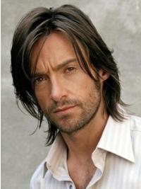 Kinnlange Schwarze Glatte Herrenperücke Handgebunden