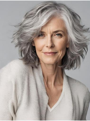 Graue Echthaar Bob Perücke Kinnlang Gewellter Stil Mit Eleganz