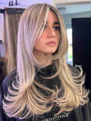 Lange 18 Zoll Echthaar Perücke Gestuft Gewellt