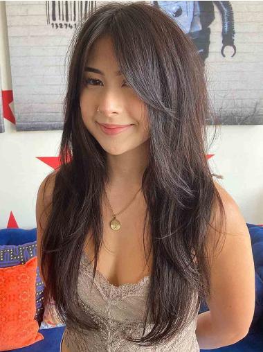 Lange Schwarze Remy Echthaarperücke 24" Glatt