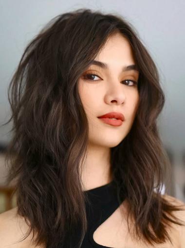 Lace Front Echthaarperücke 14 Zoll Gewellt Schulterlang In Schwarz