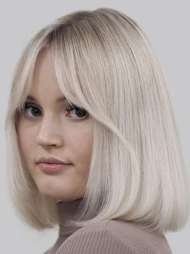 Schulterlange Platin Bob Perücke Glattes Remy Echthaar